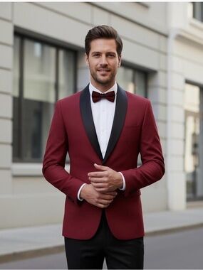 Men's Burgundy Shawl Collar Tuxedo Jacket with Black Trim Wedding Blazer
